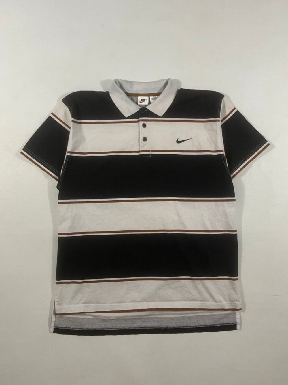 Vintage Y2K Nike Swoosh Black Cream Brown Striped Polo Shirt L